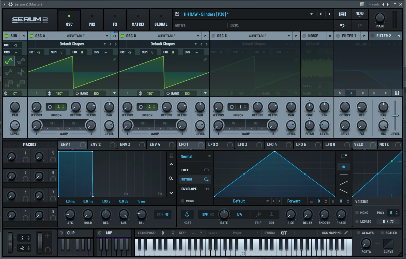 HH RAW – Blinders, a Hoof Hustle bass preset from GlitterDrop, loaded in Xfer Serum 2